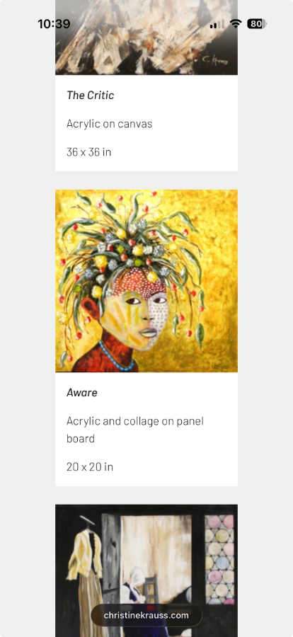 The Portfolio page of ChristineKrauss.com viewed in a mobile browser