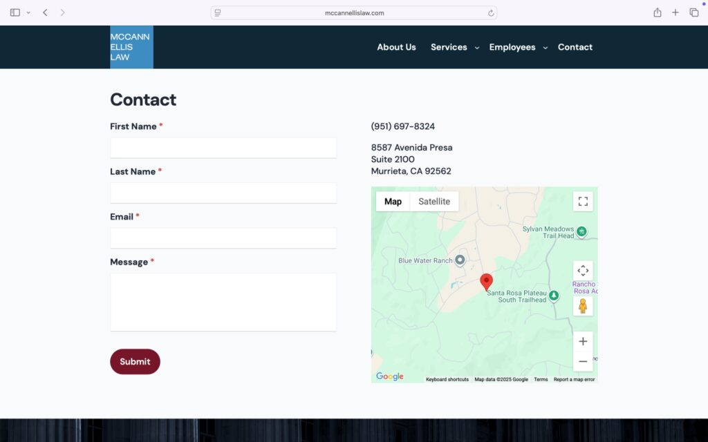 The Contact page of McCannEllisLaw.com viewed in a desktop browser