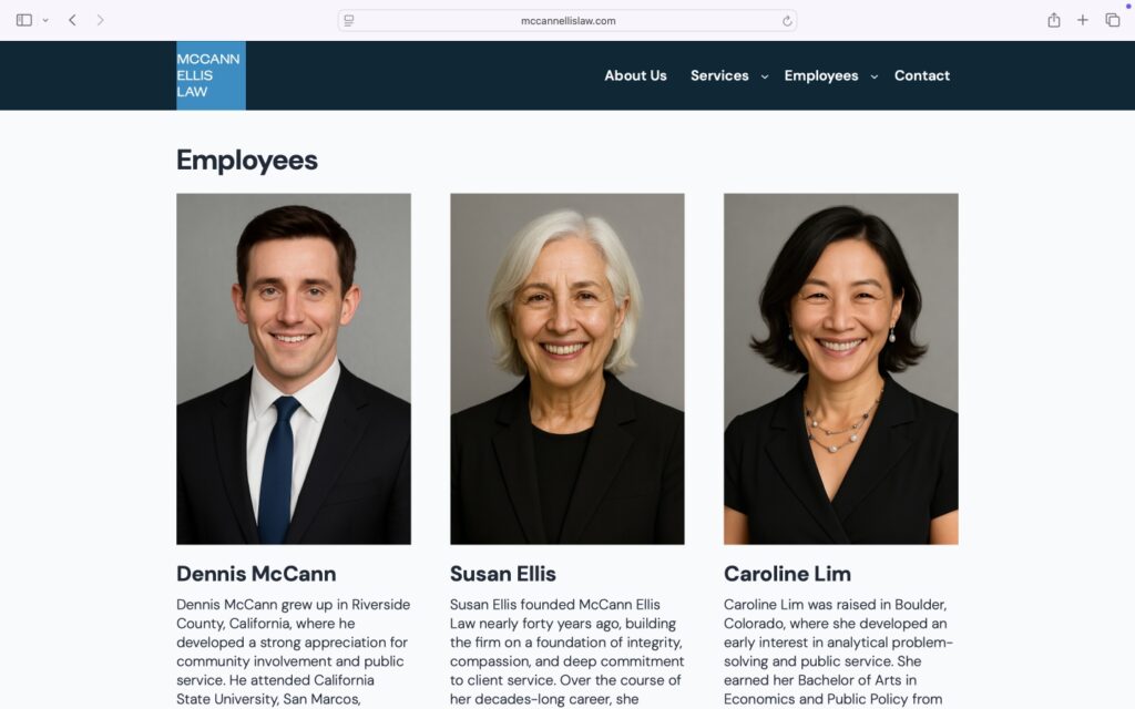 The Employees page of McCannEllisLaw.com viewed in a desktop browser