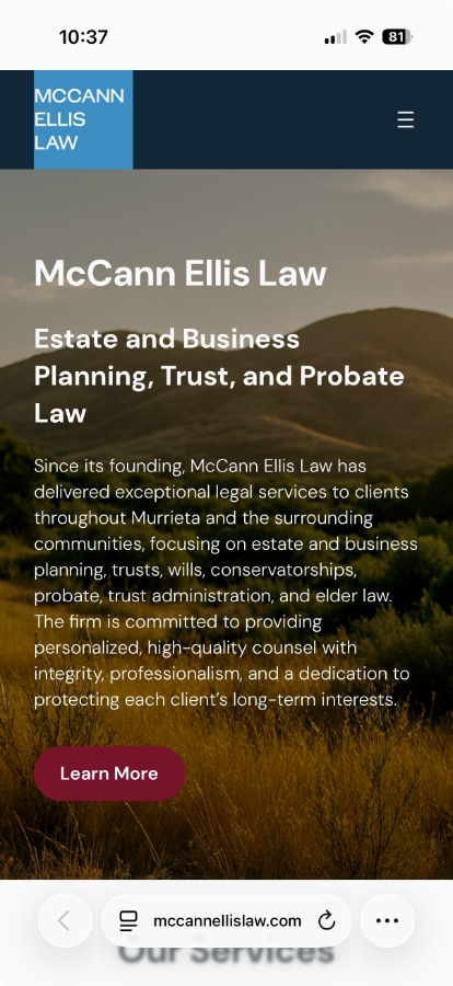 The homepage of McCannEllisLaw.com viewed in a mobile browser