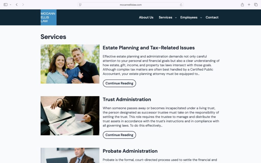 The Services page on McCannEllisLaw.com viewed in a desktop browser