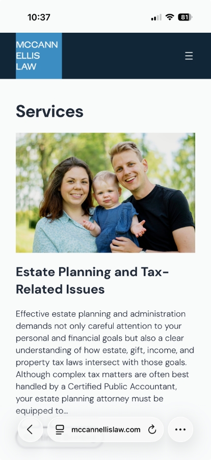 The Services page on McCannEllisLaw.com viewed in a mobile browser