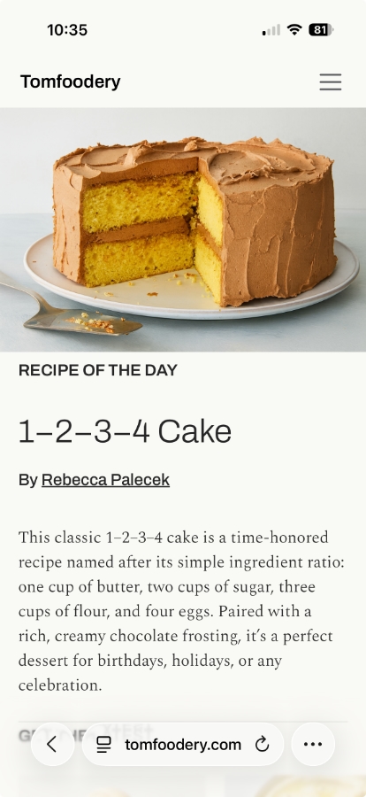 The homepage of Tomfoodery.com viewed in a mobile browser