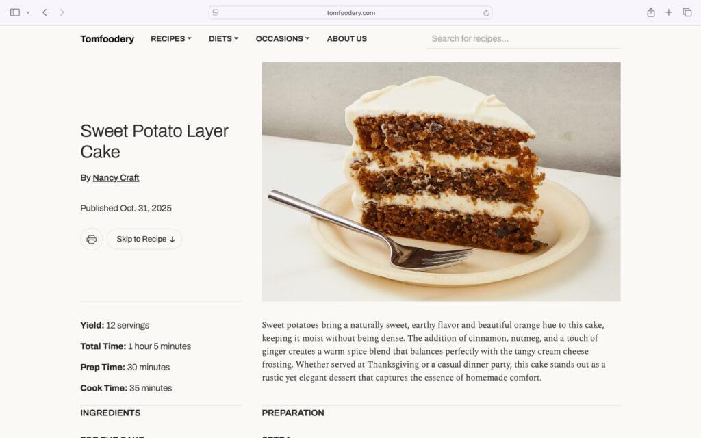 A recipe page on Tomfoodery.com viewed in a desktop browser