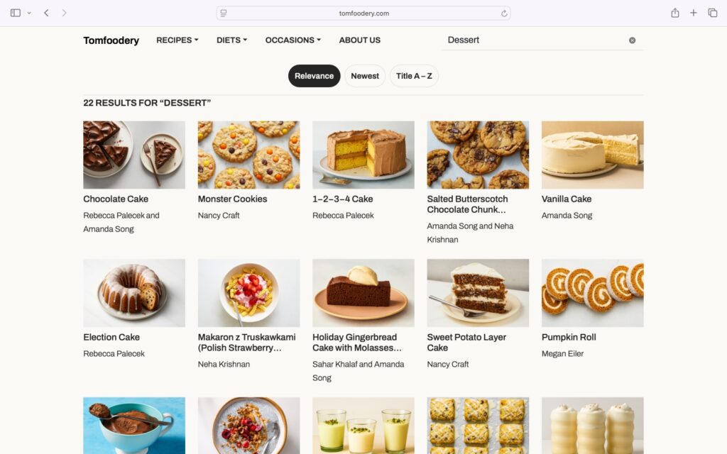 A search results page on Tomfoodery.com viewed in a desktop browser