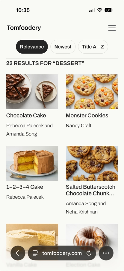 A search results page on Tomfoodery.com viewed in a mobile browser
