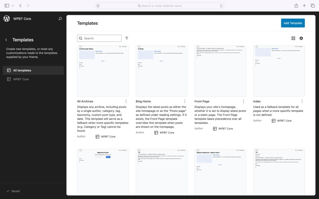 WPBT Core templates in the WordPress template editor